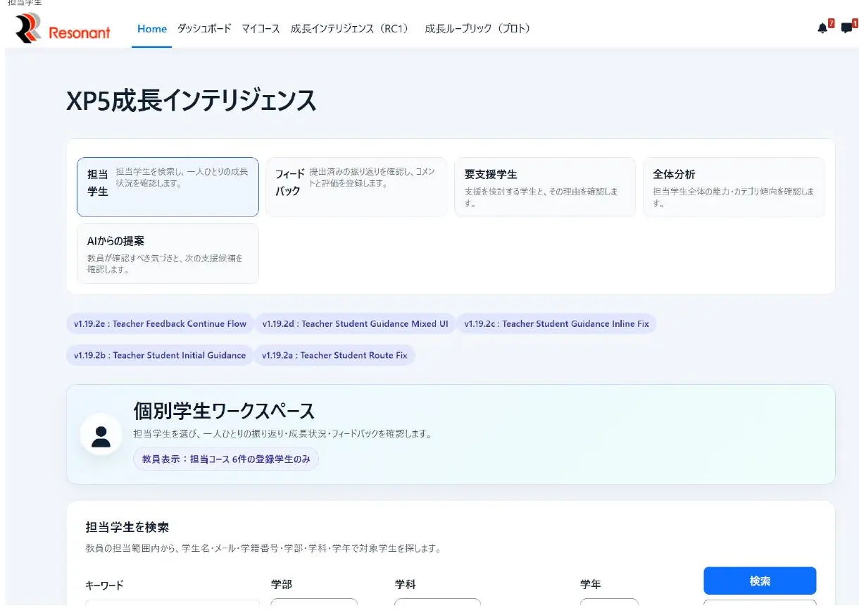 担当学生・個別学生ワークスペースの画面